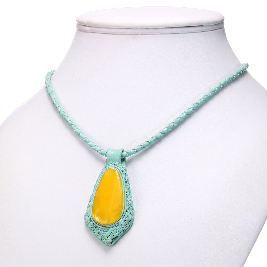 Natural Baltic Amber Pendant Necklace – Turquoise Genuine Leather, Handmade Honey Amber Jewelry