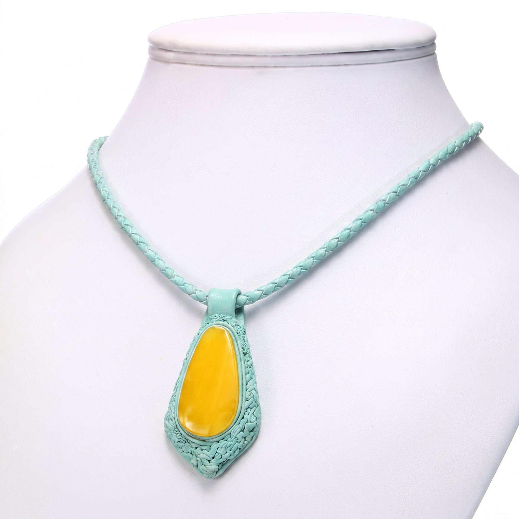 Natural Baltic Amber Pendant Necklace – Turquoise Genuine Leather, Handmade Honey Amber Jewelry