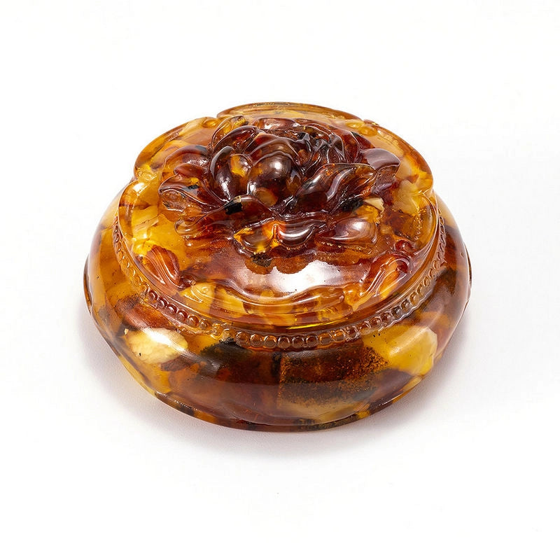 Natural Baltic Amber Jewelry Box with Rose Lid | Round Decorative Keepsake Box