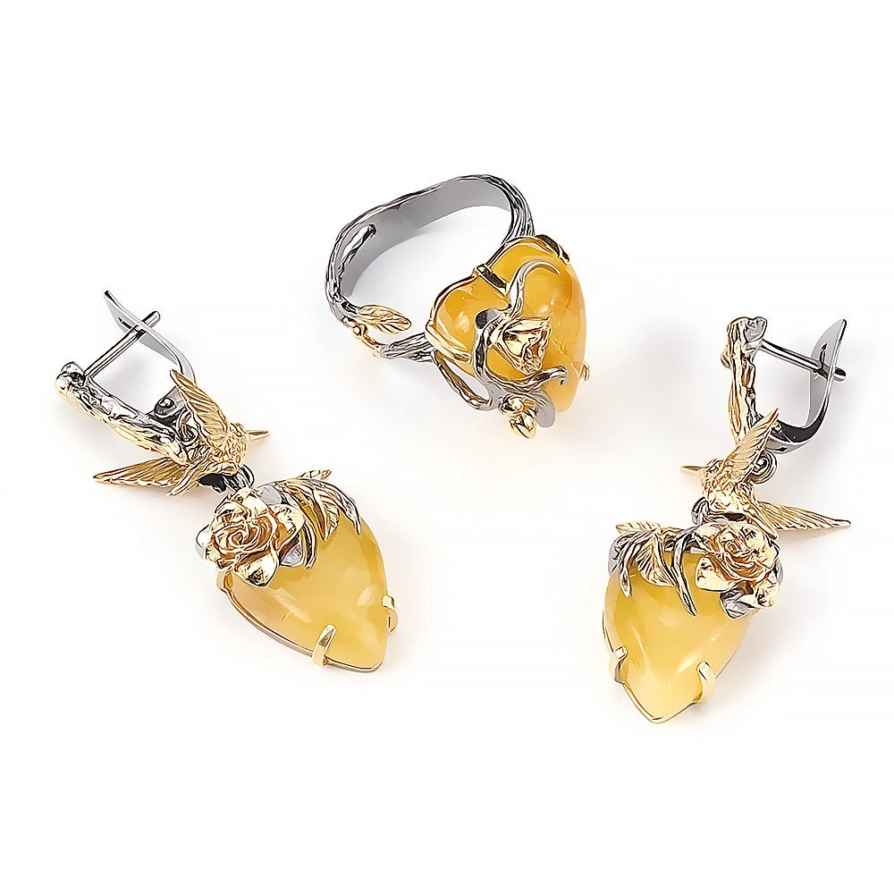 Floral Baltic Amber Earrings & Adjustable Ring Set – Gold-Plated Sterling Silver