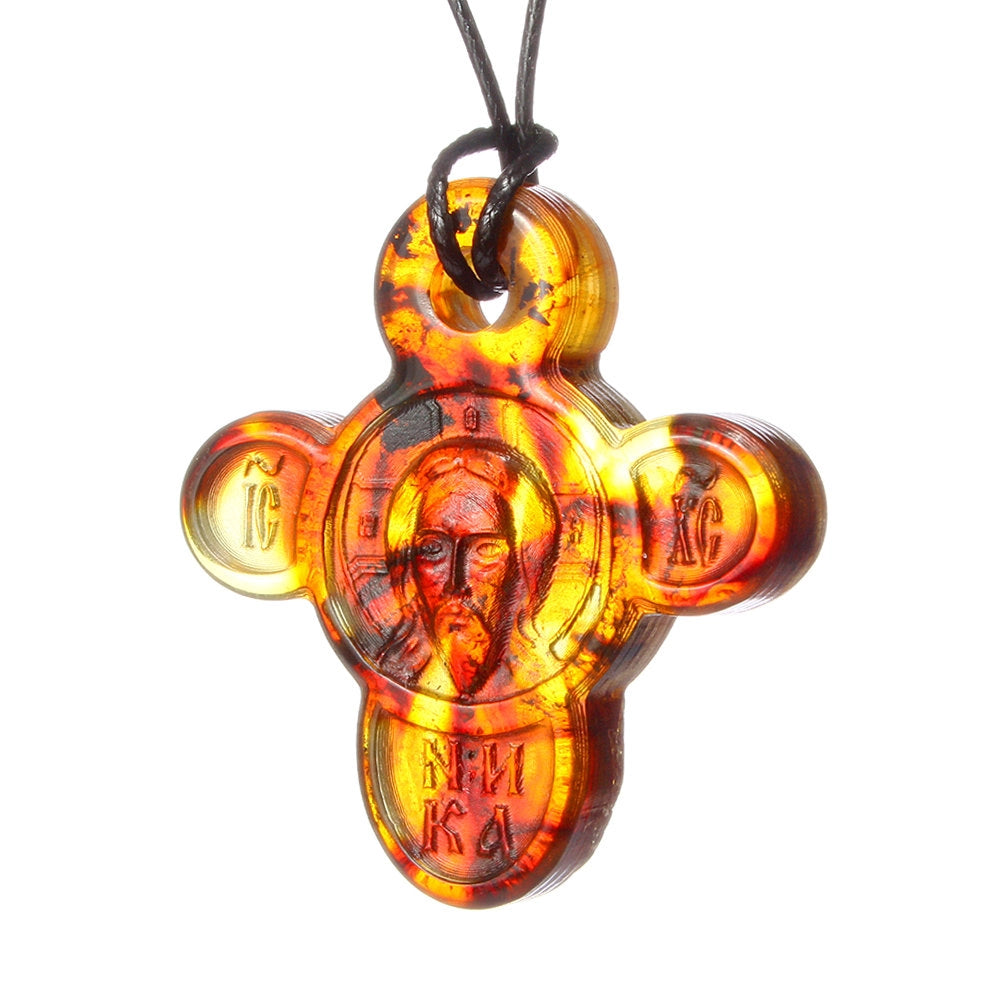 Natural Baltic Amber Orthodox Cross Pendant – Christ Pantocrator