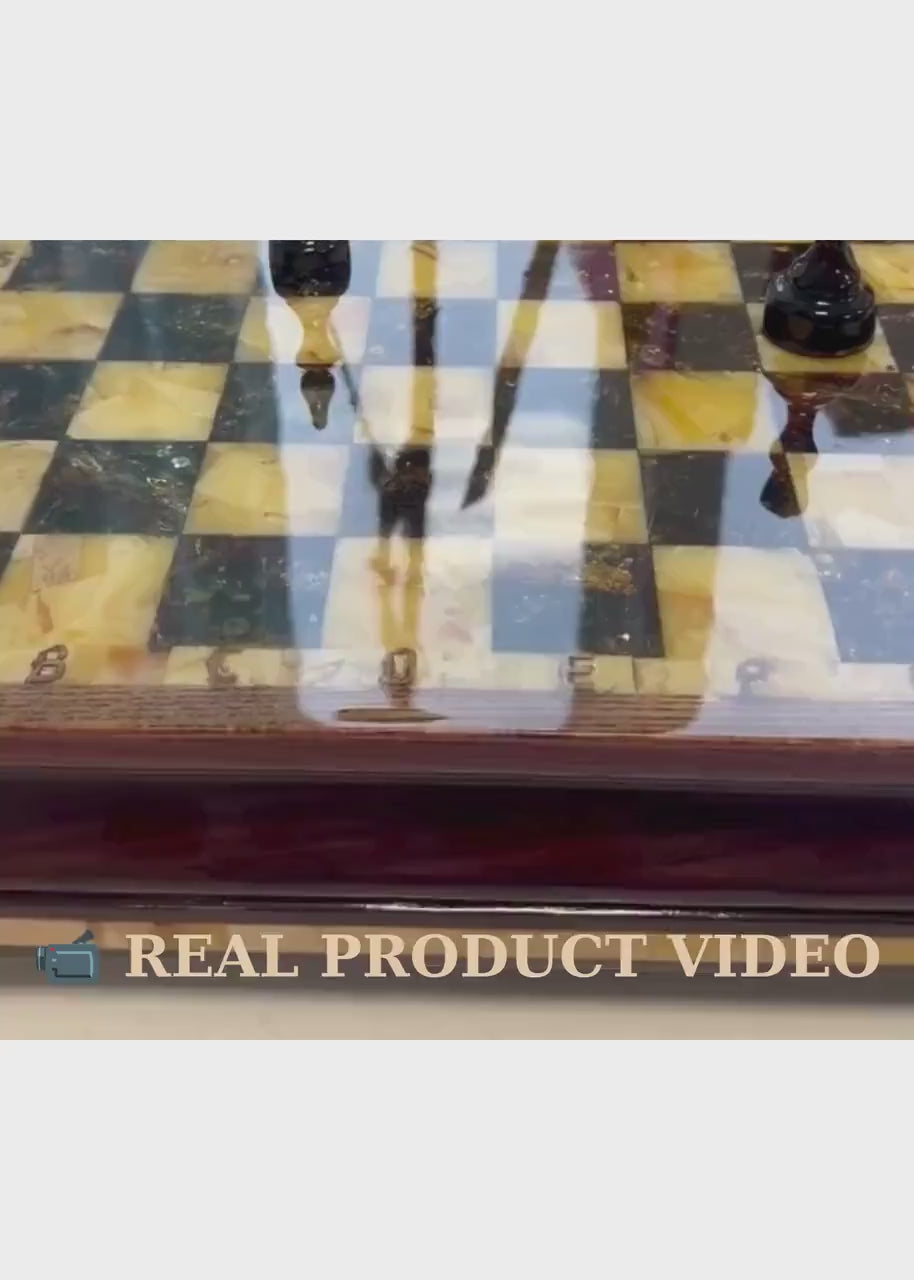 Luxury Baltic Amber Chess Set with Wooden Storage Box – Handmade Folding Collector Chess Board – Executive Gift for Him