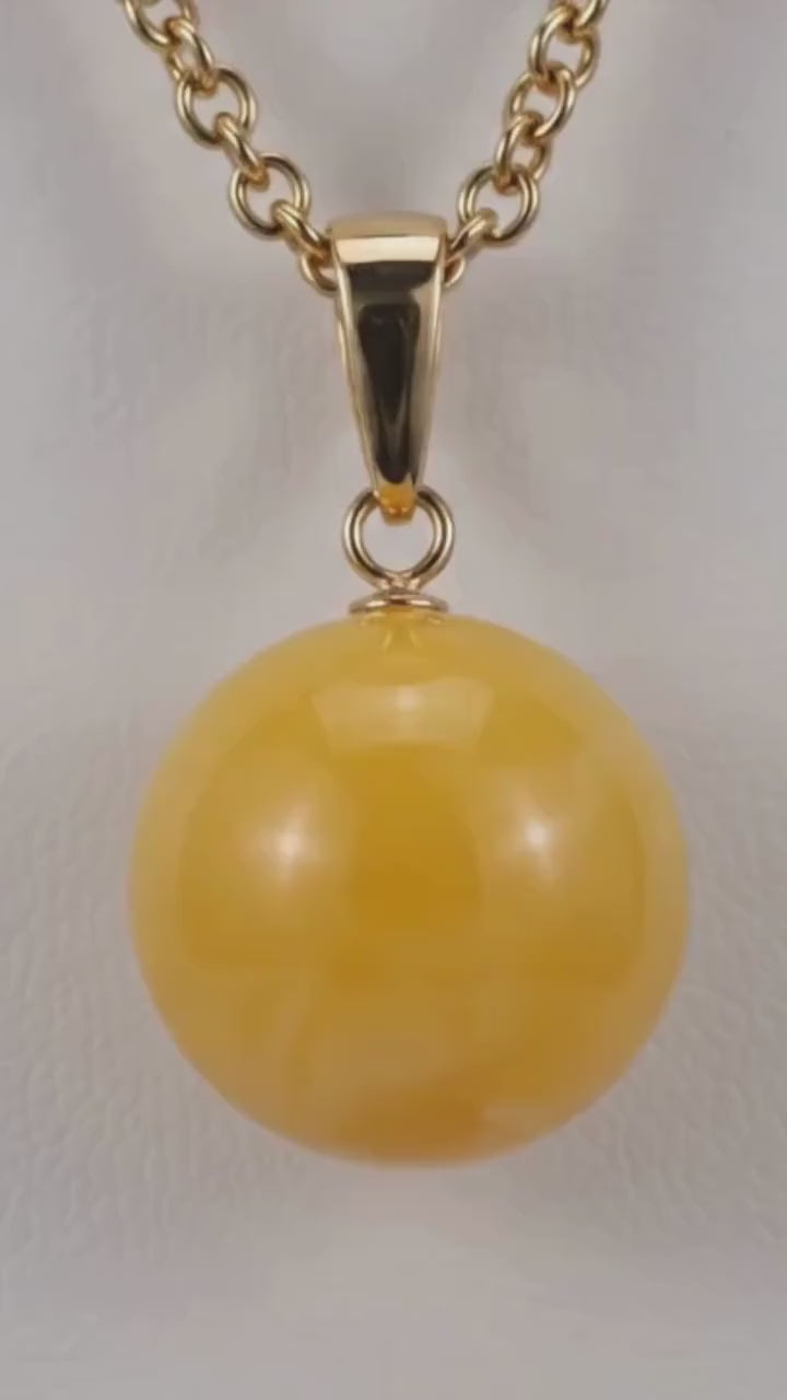 14K Gold Baltic Amber Sphere Pendant, Genuine Lemon Amber Necklace, Natural Round Amber Pendant, Luxury Gift for Her, One of a Kind Jewelry