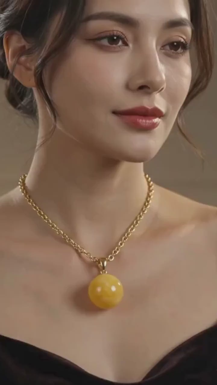 14K Gold Baltic Amber Sphere Pendant, Genuine Lemon Amber Necklace, Natural Round Amber Pendant, Luxury Gift for Her, One of a Kind Jewelry