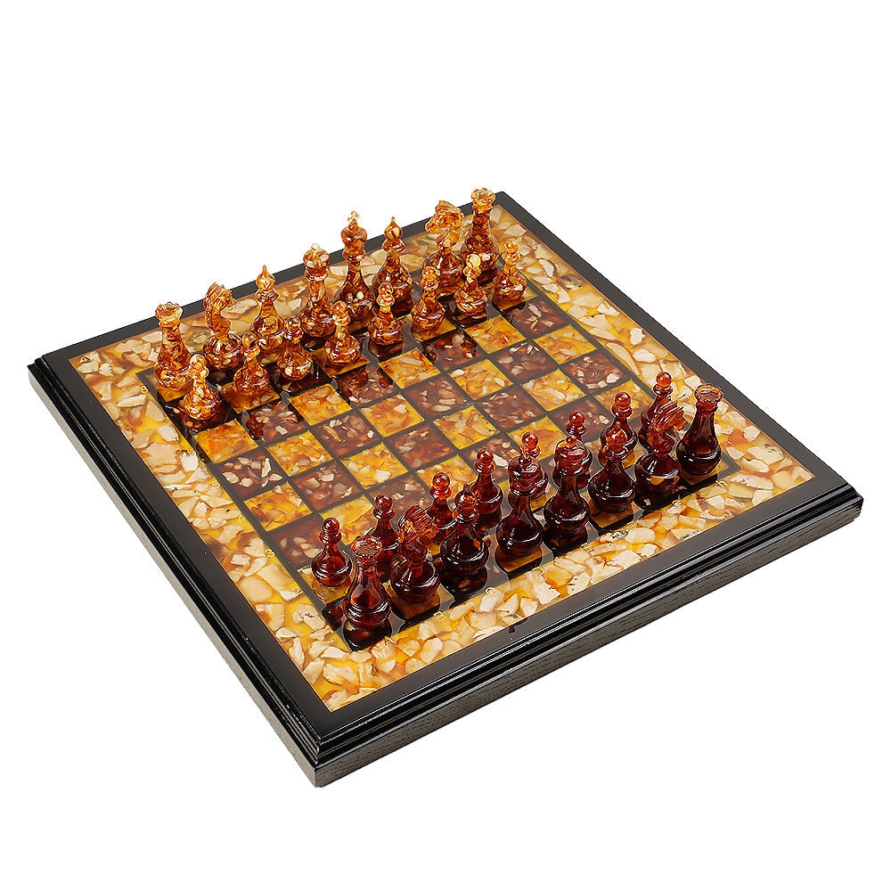 Natural Amber Inlay & Wood Chess Set – Honey and Cognac